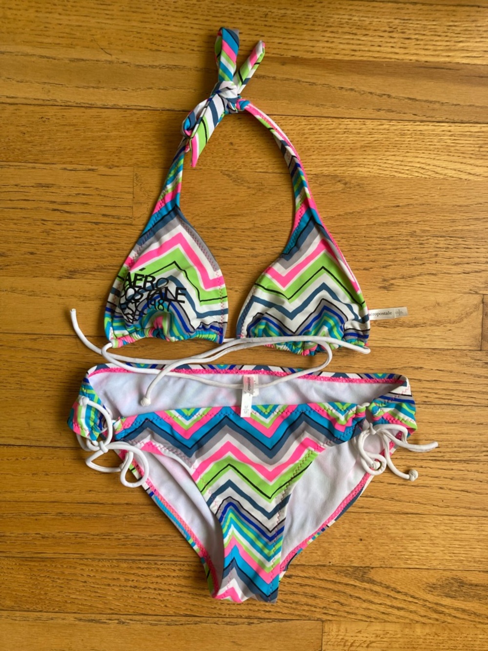 Aeropostale Girls Neon Chevron Bikini in White, Pink, Green, Blue